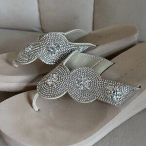 Kelly & Katie Beige Rhinestone flip flops Sandals for Women with Wedge Comfort s